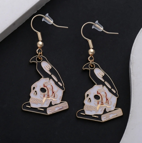 Raven on Skull Mysterious Black Bird Book of Poet Halloween Goth Spooky Earrings - Picture 7 of 7